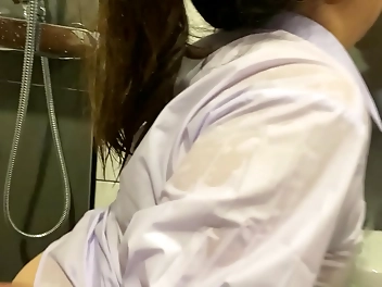 Thai Babe with Big Boobs Goes Wild in Steam Room